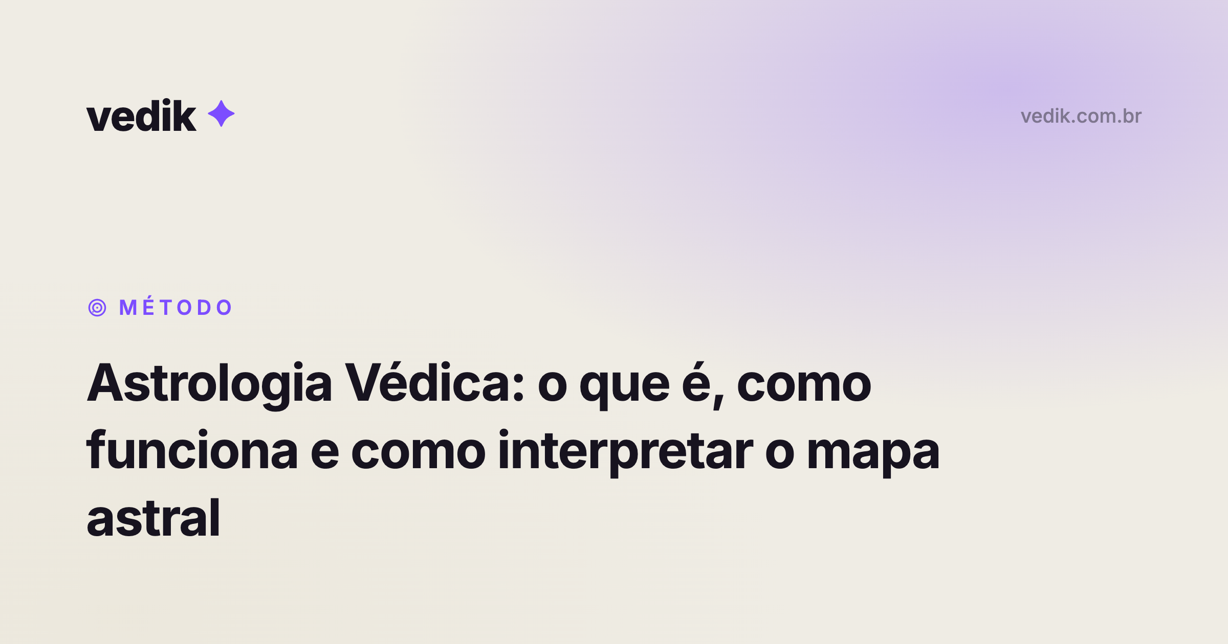 Ilustração de um mapa de nascimento (cakra) da astrologia védica desenhado como instrumento de precisão — anel graduado de 360°, os 12 rāśis, os 27 nakshatras e nove planetas posicionados em coordenadas exatas — sobre fundo escuro, acompanhado do título "O que é astrologia védica?".